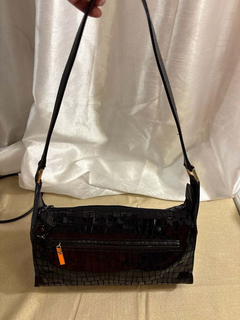 Karam Leather Goods Inc. Black Croc Embossed Shoulder Bag